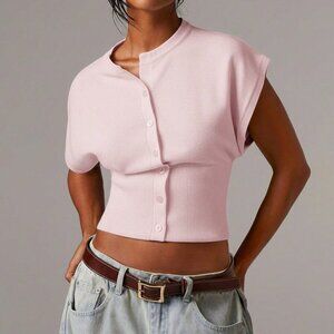 Baby Pink Casual Women's Slim Fit Front Button Minimalist Knit Sweater Vest